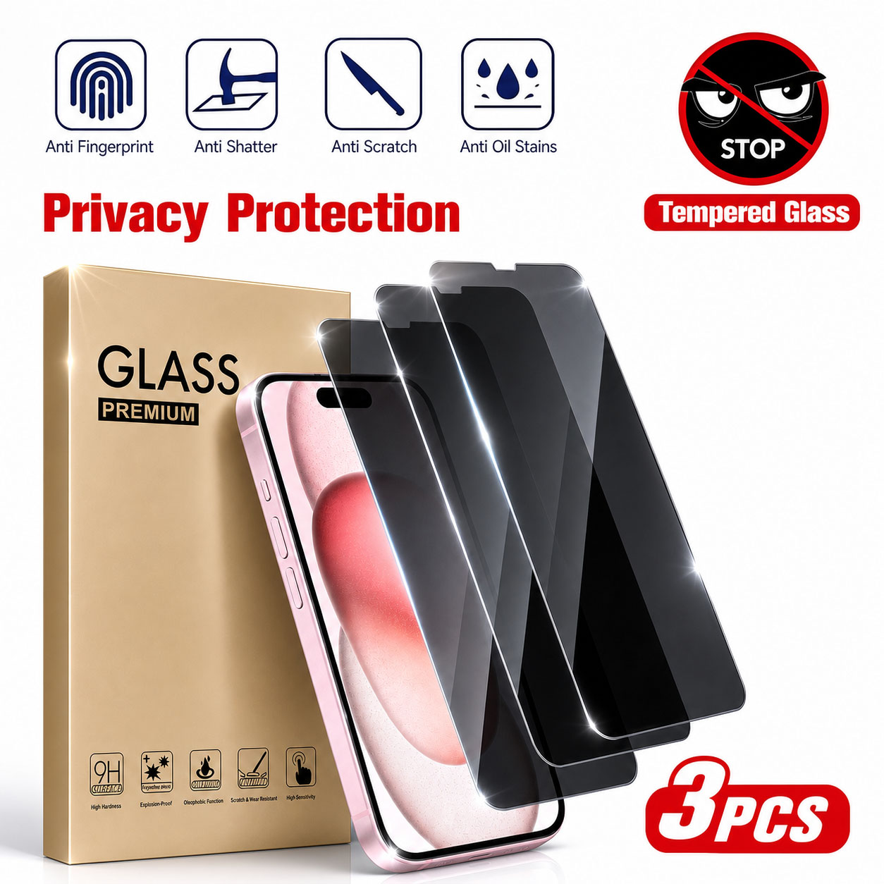Anti Spy Privacy Glass Case - Protecteur d'écran de confidentialité 3 pièces,