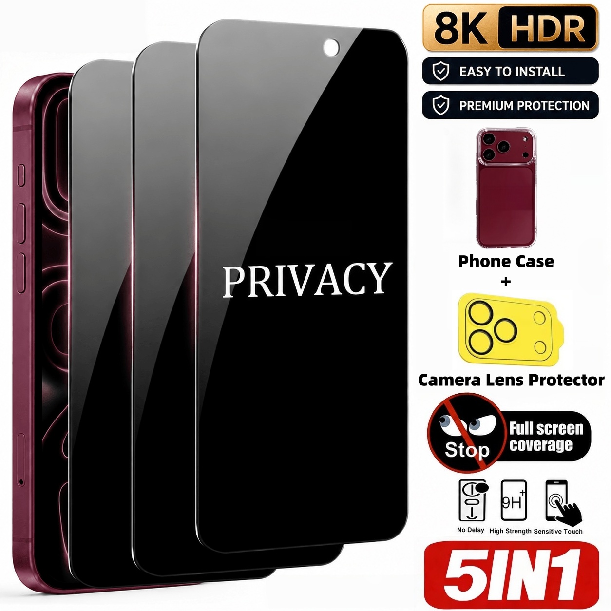 Anti Spy Privacy Glass Case - [Ensemble de 5 pièces] 3 protections